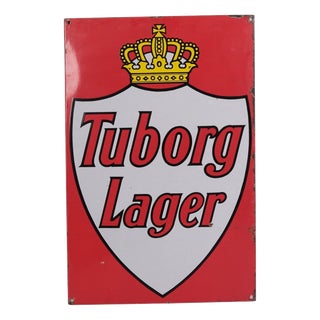 Tuborg Lager Enamel Sign with Royal Crown in Red and White For Sale