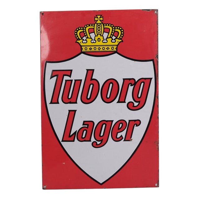 Tuborg Lager Enamel Sign with Royal Crown in Red and White For Sale