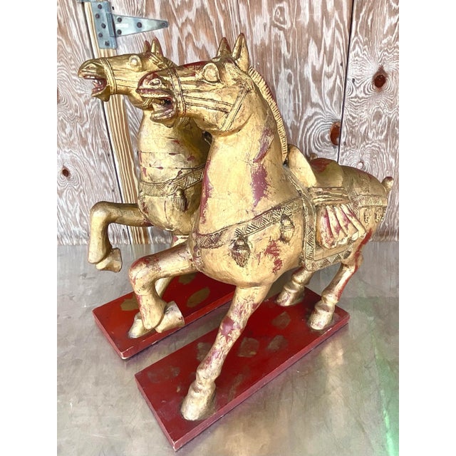 Vintage Asian Gilt Carved Wooden Emperor Horses - a Pair For Sale - Image 11 of 13