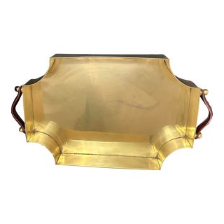Vintage Mid-Century Modern Brass Serving Tray With Leather Handles For Sale