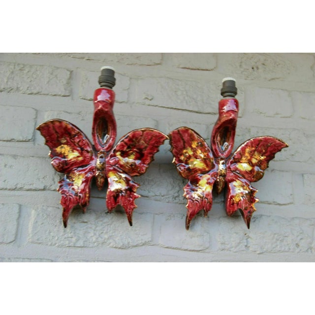 Red C1930's French Art Deco Painted & Glazed Ceramic Butterfly Sconces -In the Manner of Duval Brasseur/ Isabelle Favre - a Pair For Sale - Image 8 of 9