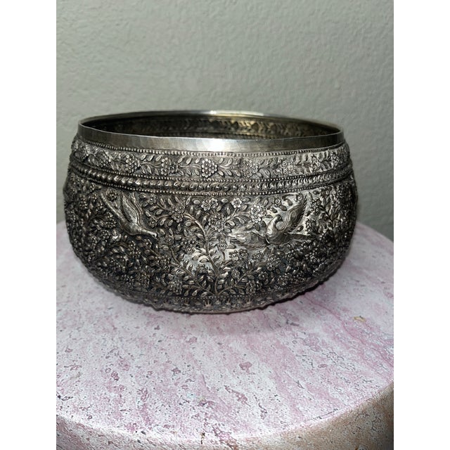 Asian Antique Sterling Silver Burmese Buddhist Offering Bowl For Sale - Image 3 of 11