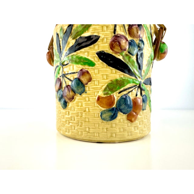 Vintage Japanese Majolica Fruit & Basket Weave Biscuit Jar With Rattan Handle For Sale - Image 4 of 13