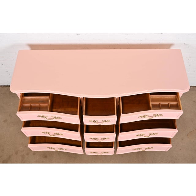 Wood Kindel Furniture French Provincial Louis XV Pink Lacquered Dresser, Newly Refinished For Sale - Image 7 of 12