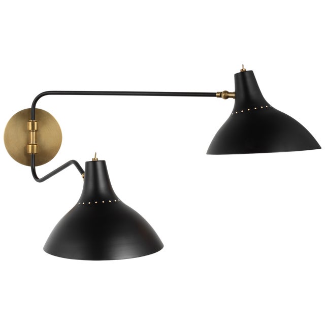 Charlton Medium Double Wall Light in Black Designer: AERIN Height: 14.5" Extension: 9.25" - 27.5" Backplate: 5.25" round...