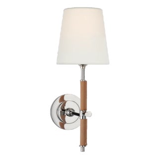 Thomas O'Brien for Visual Comfort Signature Bryant Wrapped Sconce in Polished Nickel and Natural Leather with Linen Shade For Sale
