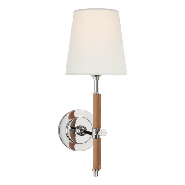 Thomas O'Brien for Visual Comfort Signature Bryant Wrapped Sconce in Polished Nickel and Natural Leather with Linen Shade For Sale