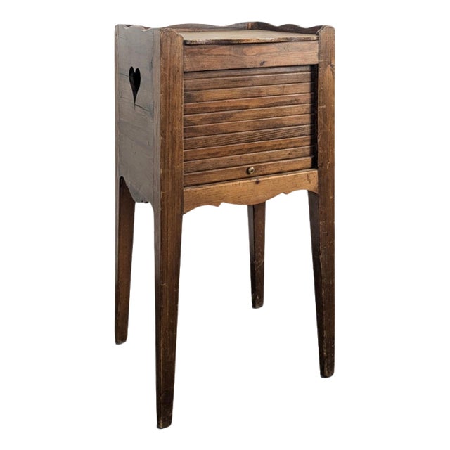 Louis XVI Style Walnut Bedside Table with Curtained Door and Openwork Hearts For Sale