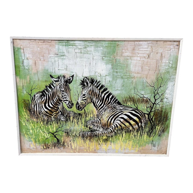Vintage Mid-Century Signed Fini Impasto Zebra Painting on Canvas, 49” For Sale