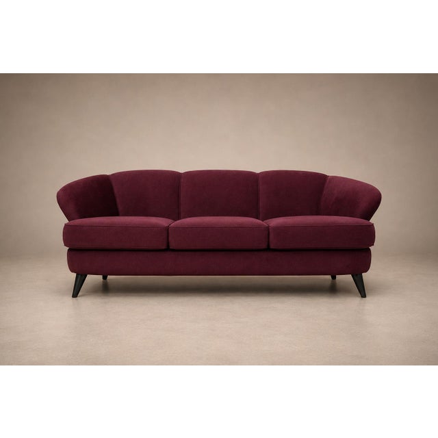 Joaquim Tenreiro “Concha” Sofa in Plum Mohair Velvet, Joaquim Tenreiro, Brazil, 1960s For Sale - Image 4 of 14