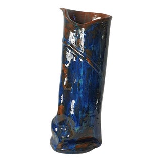 Large Studio Ceramic Vase in Blue and Brown Glaze, Italy, 1969 For Sale
