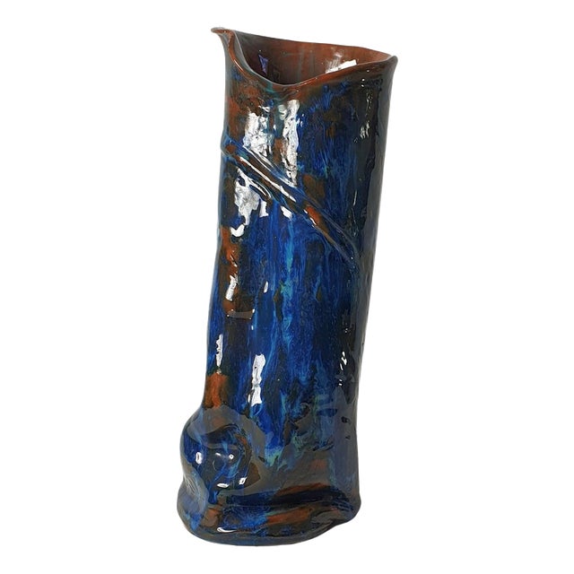 Large Studio Ceramic Vase in Blue and Brown Glaze, Italy, 1969 For Sale
