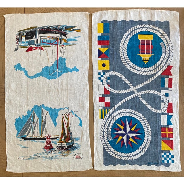 Mid-Century Modern Large Midcentury Nautical Sailing Linen Tea Towels With Blue and White Motif - a Pair For Sale - Image 3 of 11