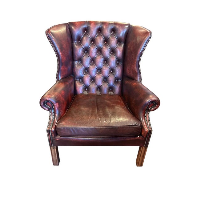 Chesterfield Wingback Chair in Red Leather For Sale - Image 4 of 5