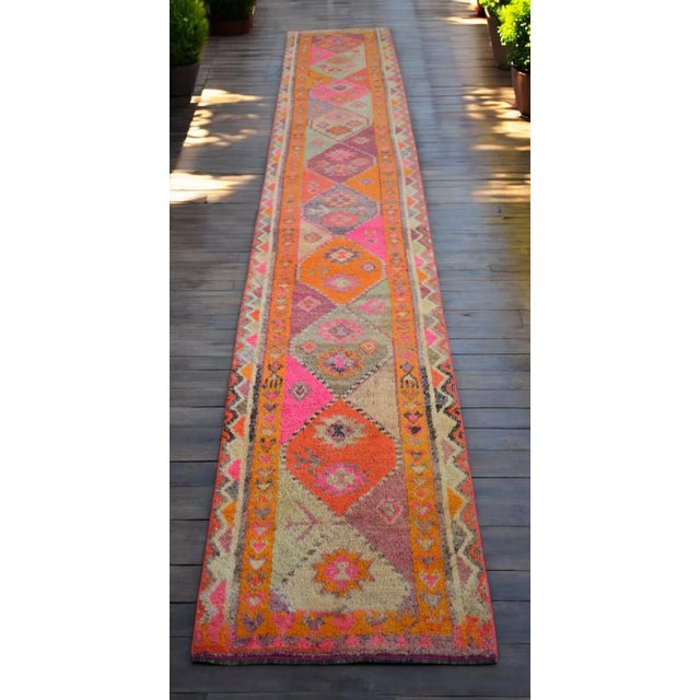 Mid-Century Modern Turkish Runner Rug . Hand-Knotted Tribal Oushak Halway 2′6″ × 14′ For Sale - Image 3 of 12