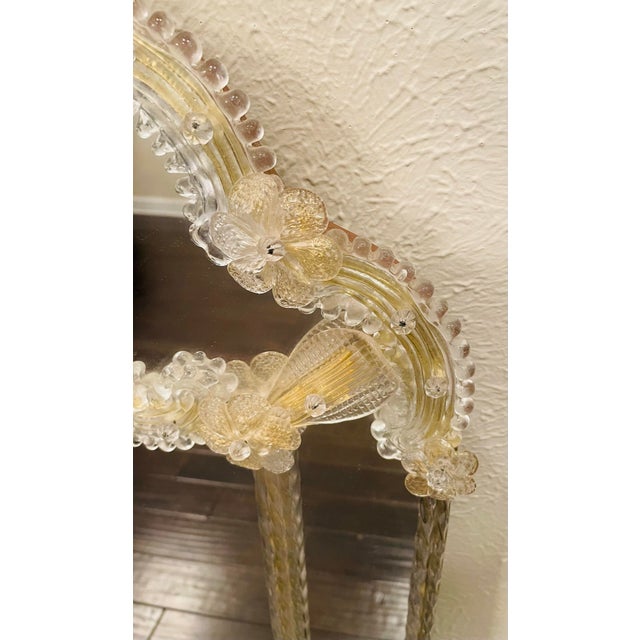 Vintage Italian Murano Glass Venetian Wall Mirror With Floral Engravings & Gold Accents For Sale - Image 4 of 12