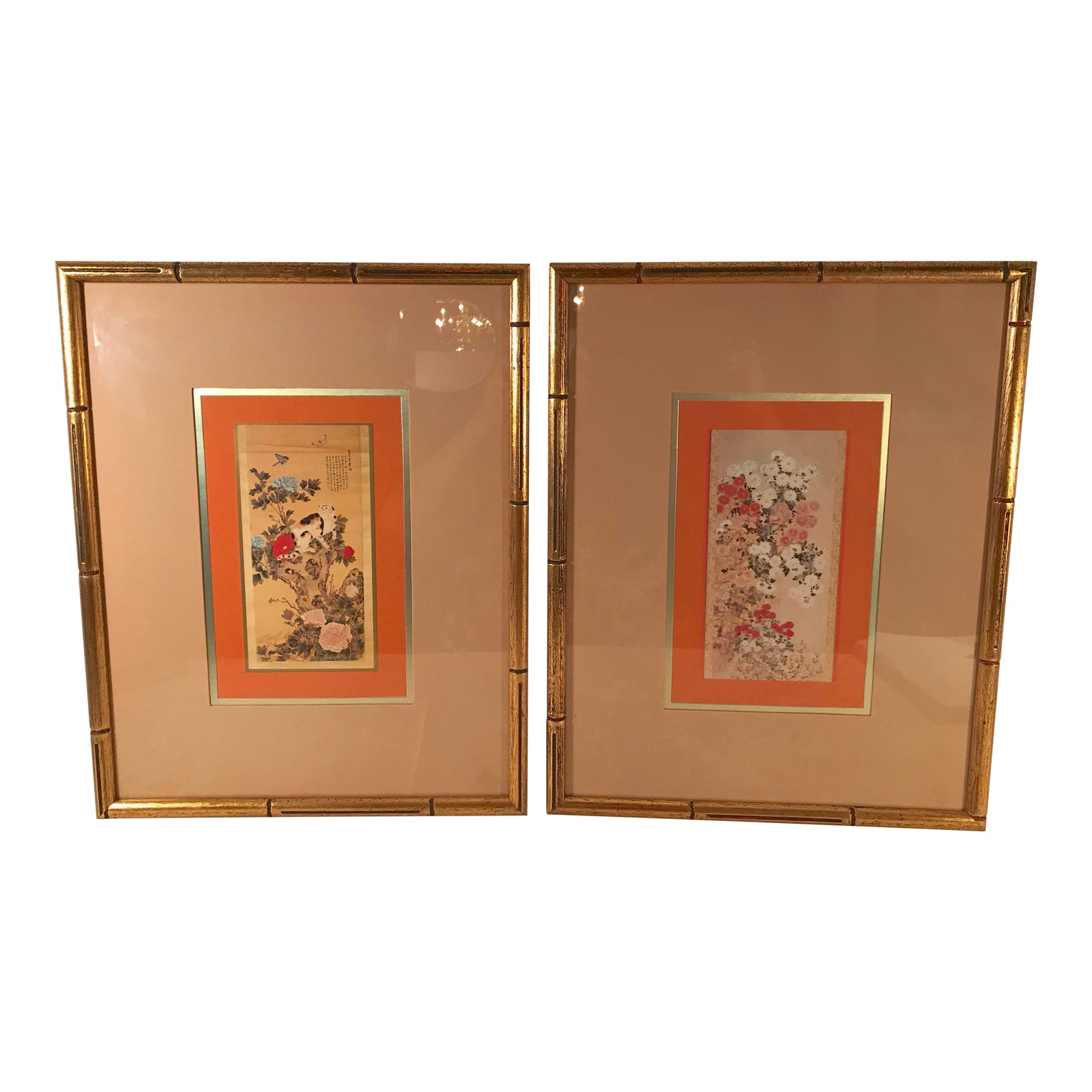 Vintage Japanese Wall Hangings in Gold Faux Bamboo Frames a Pair