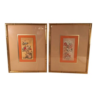 Vintage Japanese Wall Hangings in Gold Faux Bamboo Frames - a Pair For Sale