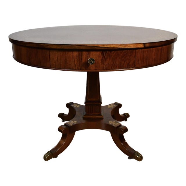 19th English Regency Rosewood Center Accent Table Brass Inlaid Top 2 Drawers For Sale