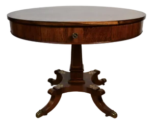 19th English Regency Rosewood Center Accent Table Brass Inlaid Top 2 Drawers