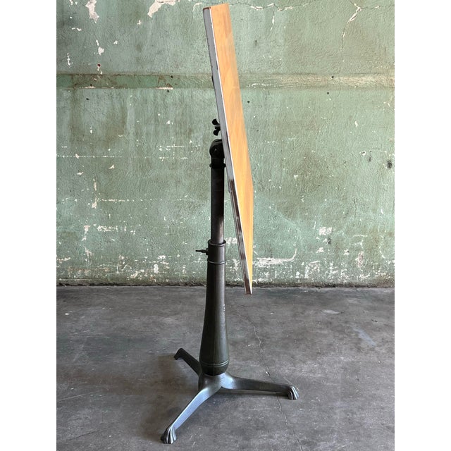 Wood Antique Industrial Drafting Table on Swivel Cast Iron Pedestal Base W/Restored Top For Sale - Image 7 of 12