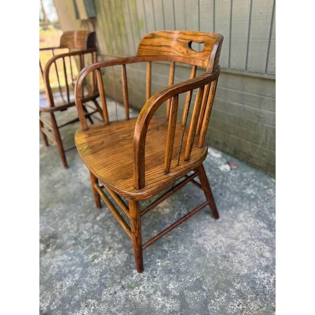 Wood Pair of Arts and Crafts Firehouse Oak Windsor Pub Chairs For Sale - Image 7 of 17