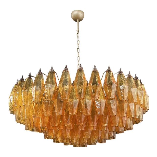 Murano Poliedri Amber Glass Chandelier – 185 Glass - Round Shape For Sale