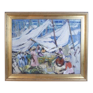 1960’s Ethelyn P.Cobb Floating Market Scene Oil on Canvas For Sale