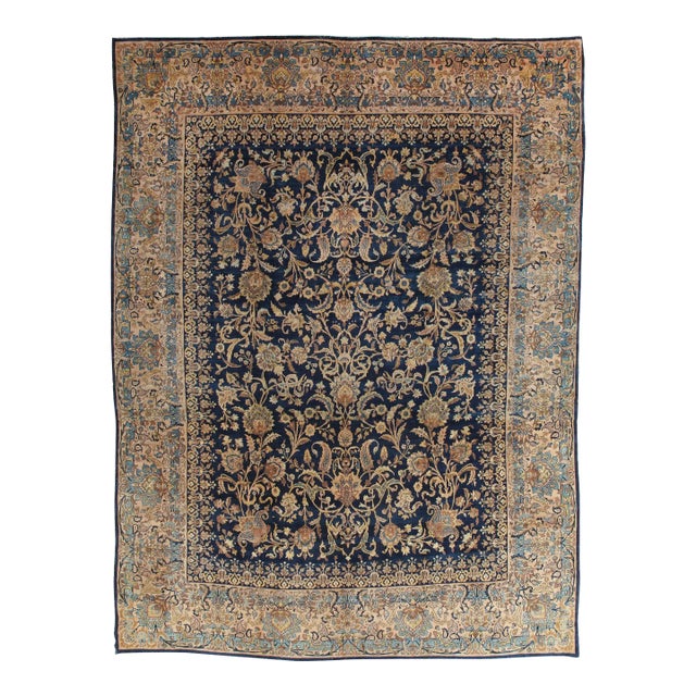 Antique Kerman Carpet, Handmade Persian Rug Wool Carpet, Navy, Gold, Ivory For Sale