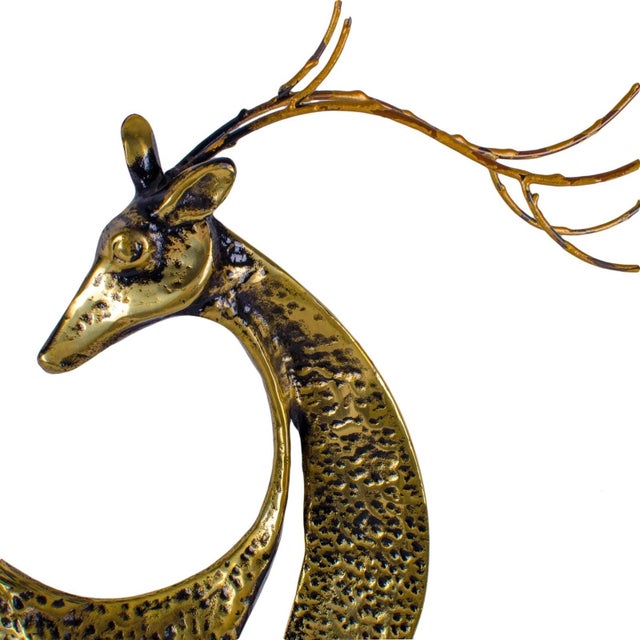 Curtis Jere deer sculpture in brass on marble base, 1988. Made in the style of mid-century modern.