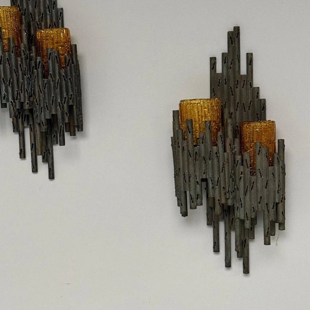 Marcello Fantoni, Brutalist Mid-Century Modern Wall Sconces, Wrought Iron, Glass For Sale - Image 4 of 10