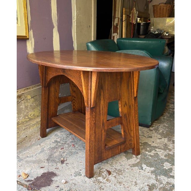 Arts & Crafts 1910s Limbert Mission Oak Oval Library Table With Cut Outs Arts & Crafts For Sale - Image 3 of 12