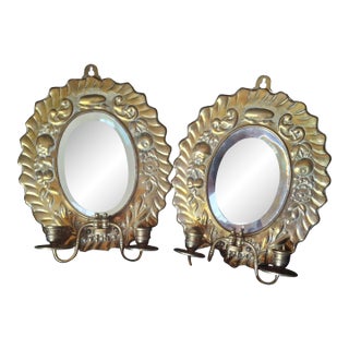 C1820 British Georgian Brass Repousse Mirrored Candle Wall Sconces a - Pair For Sale
