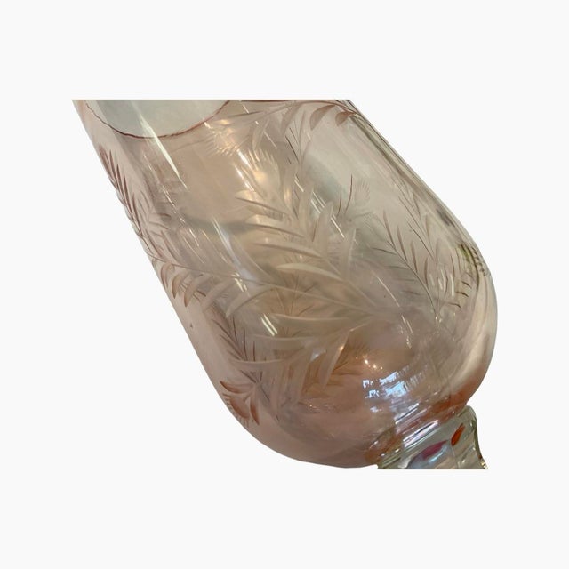 Traditional Pair of Hand Blown Rose Colored Cut Glass Hurricanes With Thistle Design For Sale - Image 3 of 3