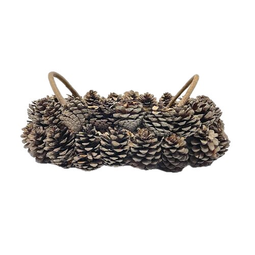 Vintage pine cone oval basket with handles. No maker's marks.