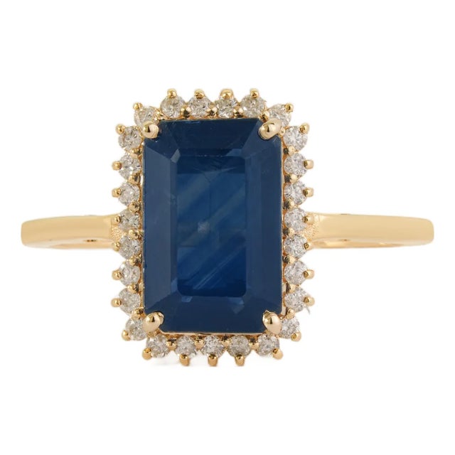 3.31ct Emerald-Cut Blue Sapphire Diamond Modern Engagement Ring Size 4 in 14k Gold For Sale