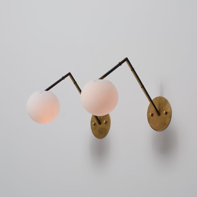 Gold Vintage Italian Geometric Brass and Opaline Globe Wall Sconces, 1950s, Set of 2 For Sale - Image 8 of 14