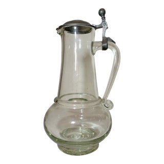 Large Antique 1800s Hand Blown Glass Pewter German Lidded Beer Stein Mug Pitcher For Sale