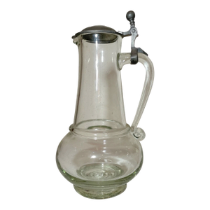 Large Antique 1800s Hand Blown Glass Pewter German Lidded Beer Stein Mug Pitcher