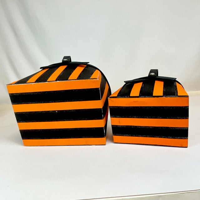 Orange 1980s Vintage Americana Hollywood Regency Halloween Striped Wood Baskets - A Pair. For Sale - Image 8 of 8