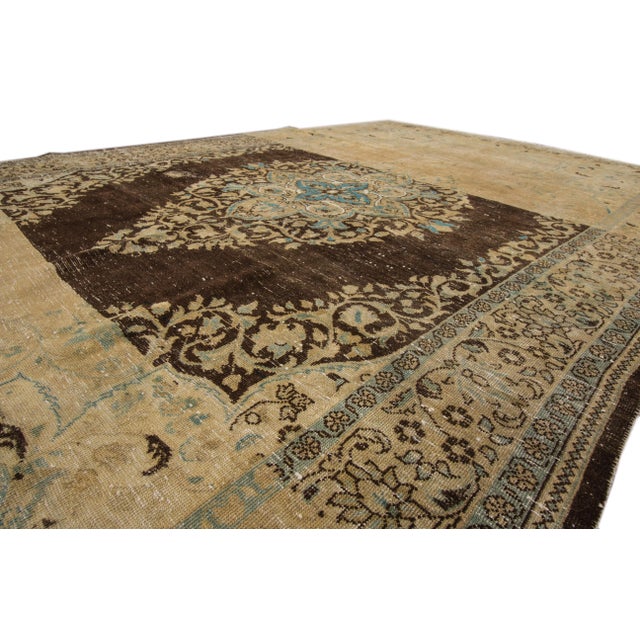 1960s Vintage Persian Tabriz Handmade Brown Medallion Wool Rug For Sale - Image 5 of 7