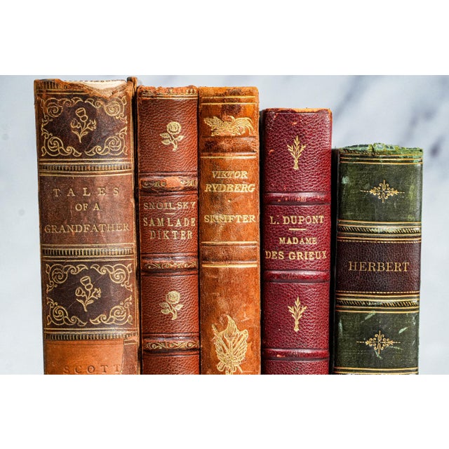 Set of 5 Charming Collection of Antique Leather Spine Books Victorian Office Home Decor For Sale - Image 4 of 9