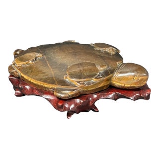 Chinese Art Carved Tiger Eye Stone Turtle Sculpture on Wooden Display Stand For Sale