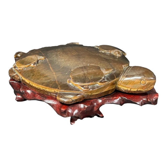 Chinese Art Carved Tiger Eye Stone Turtle Sculpture on Wooden Display Stand For Sale