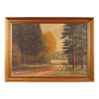 Scandinavian Artist, The Deer by the Road, 1970s, Oil on Canvas, Framed For Sale