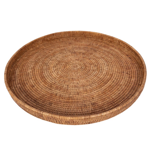 Artifacts Rattan Round Serving Ottoman Tray 28" Diameter, Honey Brown For Sale - Image 4 of 6