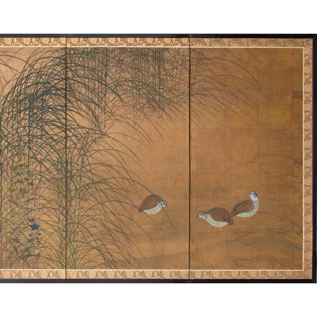 Japanese "Quails and Pampas Grass" by Koga, 1970s Showa Era Japanese Byobu Screen For Sale - Image 3 of 18
