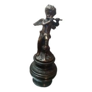 1950s Exquisite Art Nouveau France Solid Bronze Musical Cherub Angel Figurine For Sale