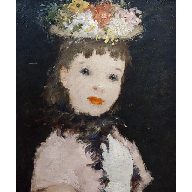1950s Dietz Edzard -Portrait of a Girl in Pink Dress & Hat of Flowers-Oil Painting For Sale - Image 5 of 13