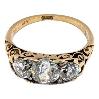 Vintage Old Mine Cut Diamond & 18k Yellow Gold Three-Stone Ring - Size 7.25 For Sale